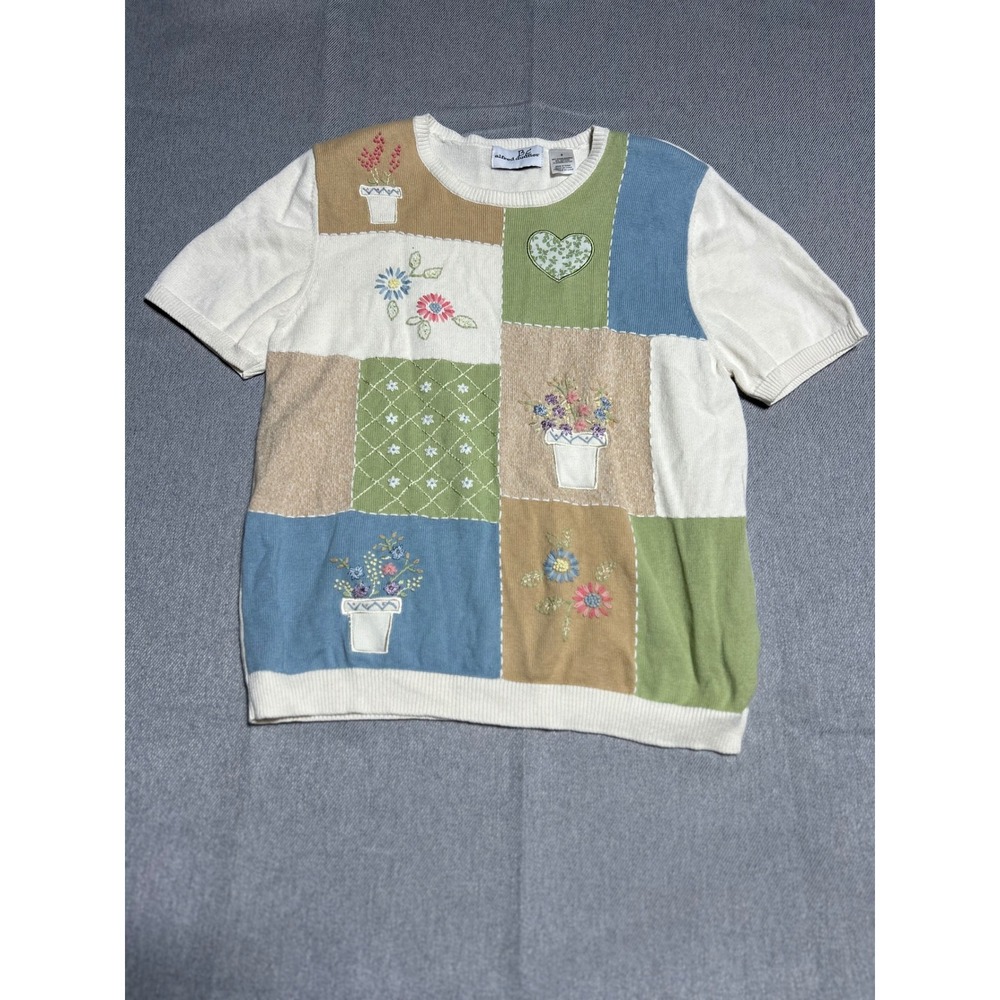 Alfred Dunner Knit Sweater Women's Grandmacore Patchwork Floral Embroidered Top